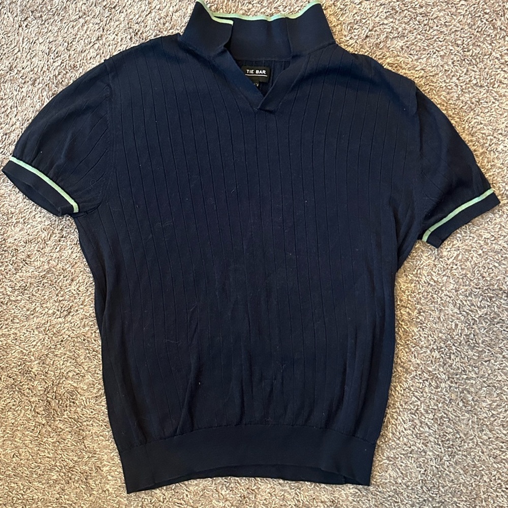 Navy Blue Tie Bar Ribbed Polo Shirt with Green Trim